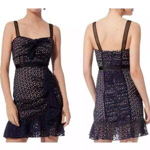 Self-Portrait Ruffled Frill Lace Mini Navy Blue Dress 6